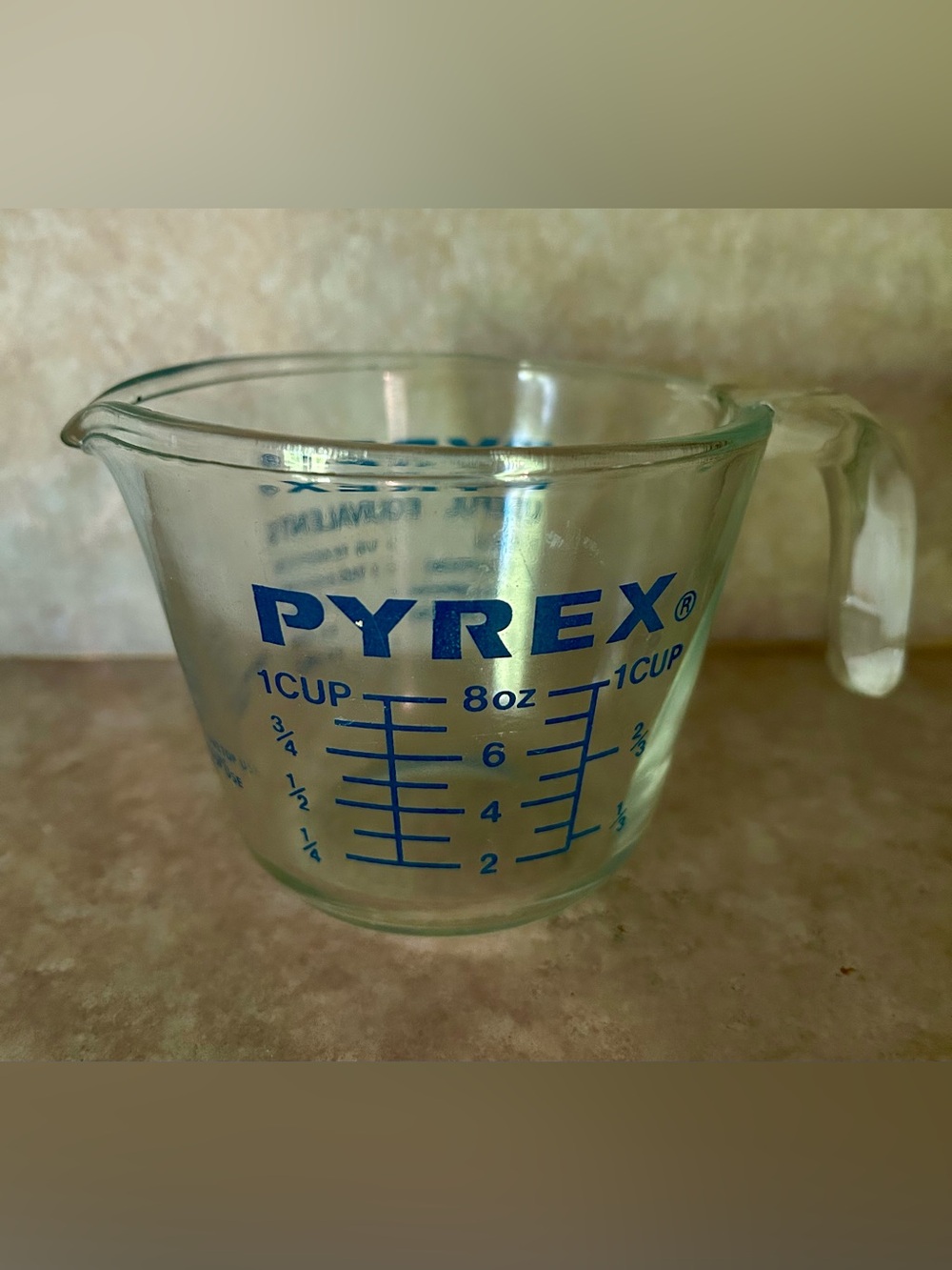 Vintage PYREX Glass 1-Cup Measuring Cup with Blue Markings